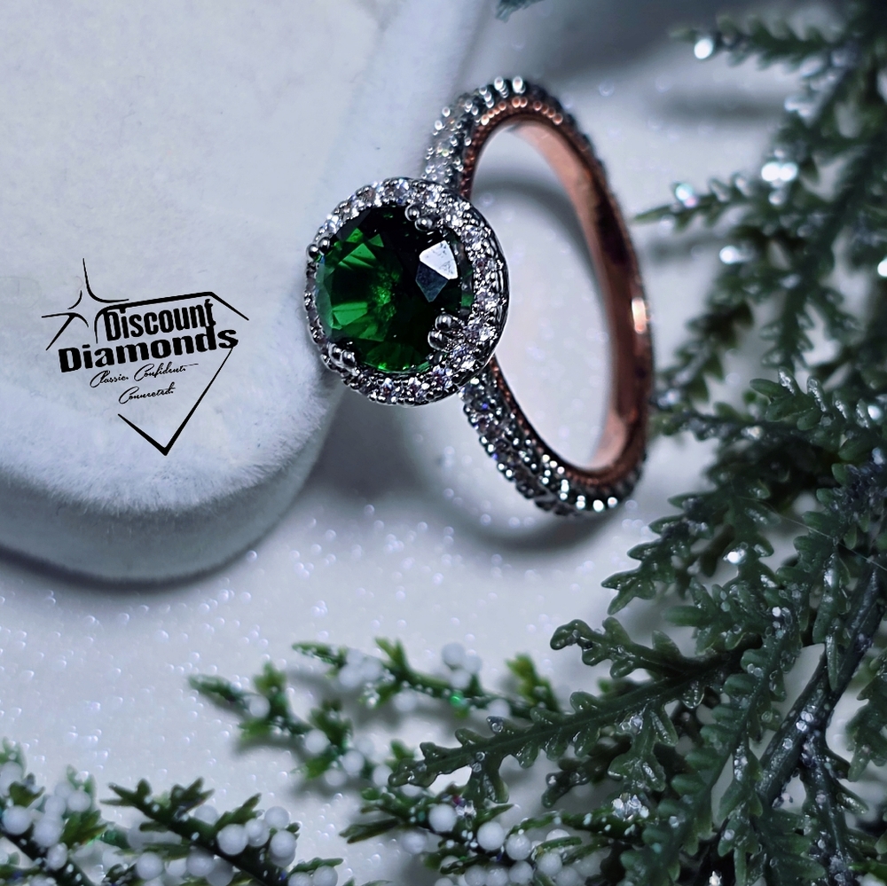 Round Cut Halo Emerald & White Baguette Diamond 14K Rose Gold on 925 Silver - Picture 7 of 9